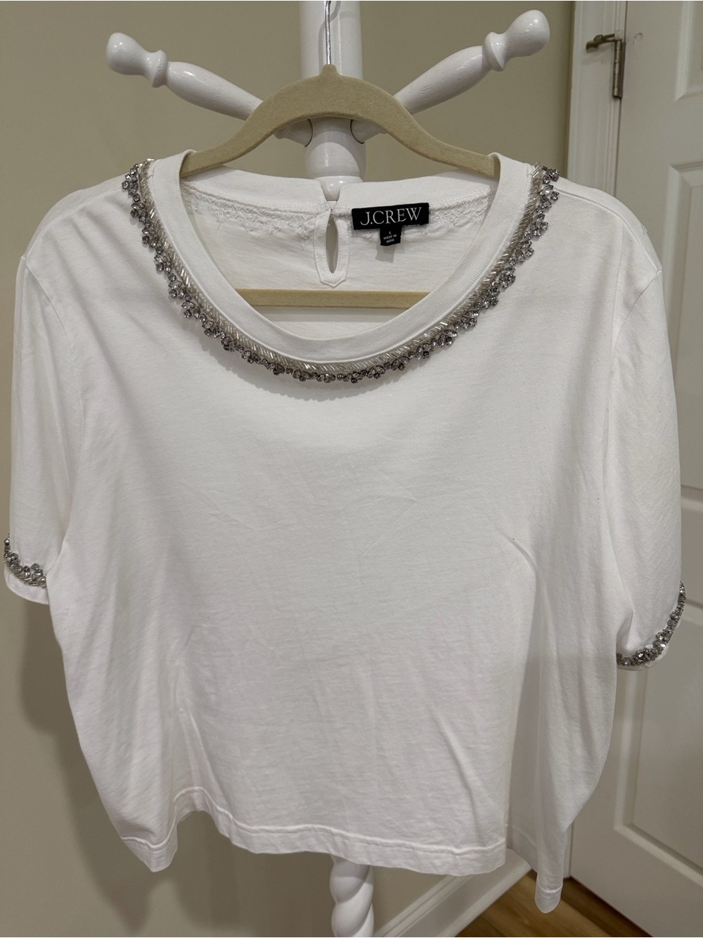 J. Crew XL NWOT White Short-Sleeve Tee with Silver Rhinestones Trim
